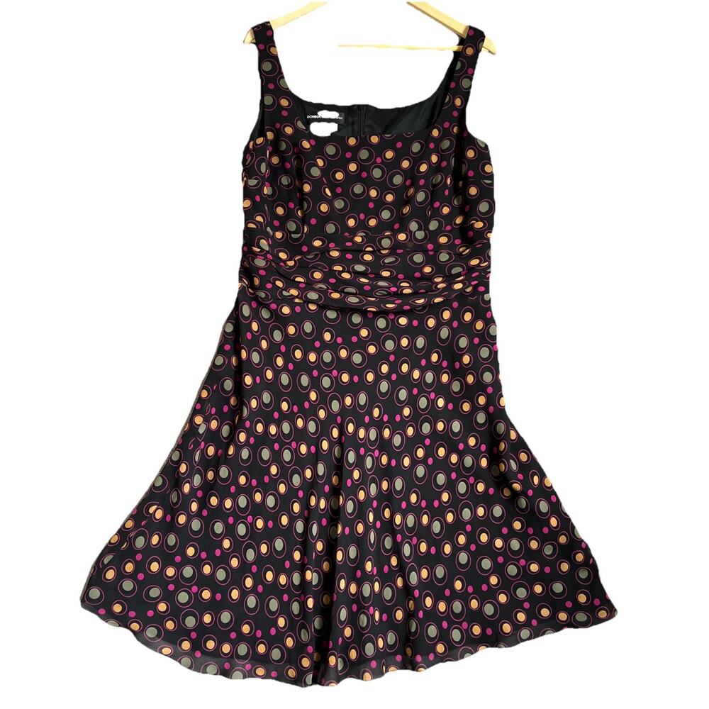 Donna Morgan Dress Womens 16 Black Circle Print 100% Silk Fit Flare Midi Pin Up
